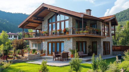 Fototapeta premium Modern two-story building with natural stone facade in scenic setting