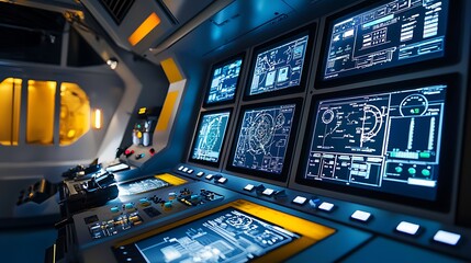 Obraz premium Futuristic Control Room Interface High Tech Monitoring System Displays