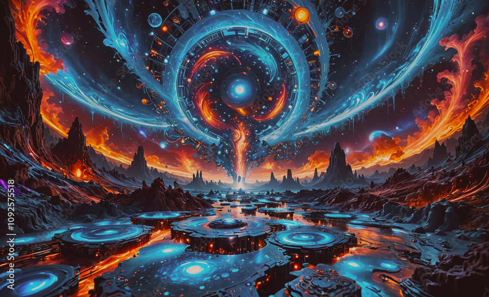 Poster Colorful space scene with a large blue circle in the middle. There are many stars and planets in the background