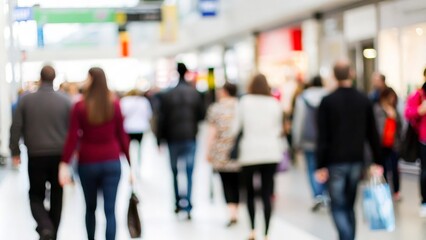 A hazy image of people walking through a wide mall corridor.
