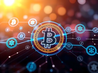 Fototapeta premium Bitcoin logo on a futuristic holographic interface surrounded by blockchain icons, symbolizing technology integration.