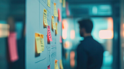 sticky notes  and data for  business on the on a whiteboard. 