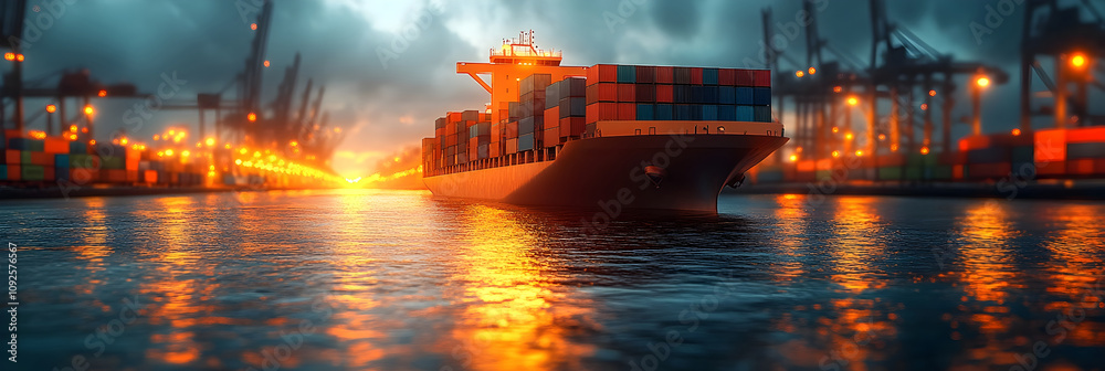 Poster aerial panoramic view of a busy port with large cargo container ships,loading cranes,and industrial 