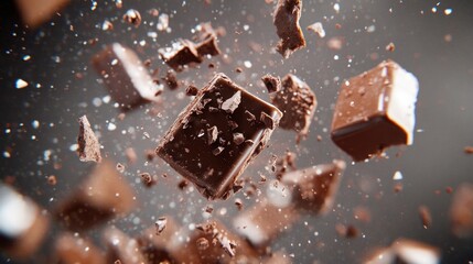 A dynamic image of chocolate pieces exploding in mid-air, showcasing texture and richness.
