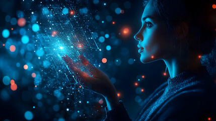 Naklejka premium A Woman's Hand Interacts with a Digital Network, Abstract Digital Art with a Blue and Red Bokeh Background