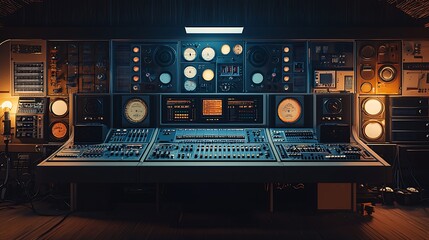 Obraz premium Retro Futuristic Control Room Panel Vintage Tech Audio Mixing Console Studio Equipment
