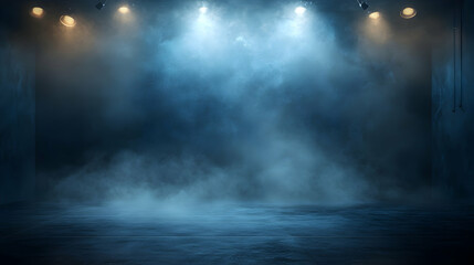 A Dark and Foggy Room with Spotlights, Creating a Dramatic and Mysterious Ambiance, Suitable for Cinematic or Theatrical Productions.