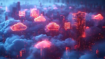 Obraz premium Cloud computing landscape futuristic city digital art night aerial view