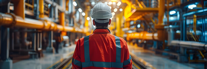 Obraz premium Worker in Red Safety Suit Surveys Industrial Plant, Pipes and Machinery, Background, Detailed View