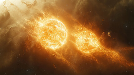 Obraz premium Celestial event showcasing twin suns in a cosmic scene with vibrant colors and swirling gases in space. Generative AI