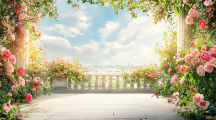 The rose over an old stone house, creating a vibrant spring scene