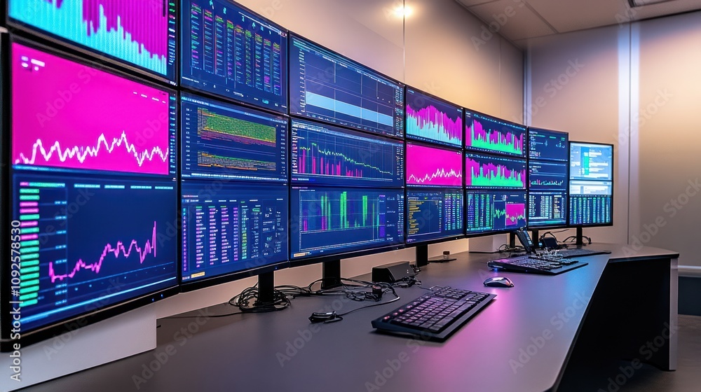 Poster Modern Stock Trading Room Multiple Screens Displaying Data