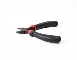 Close Up Photo Of Steel Cutting Sharp Edged Pliers With Black Handles Isolated On White Background