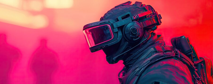 Futuristic soldier in tactical gear with visor, vibrant atmospheric background.