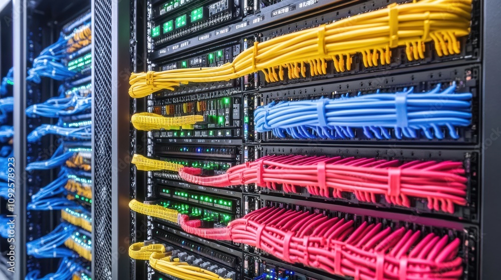 Poster colorful network cables in server rack system