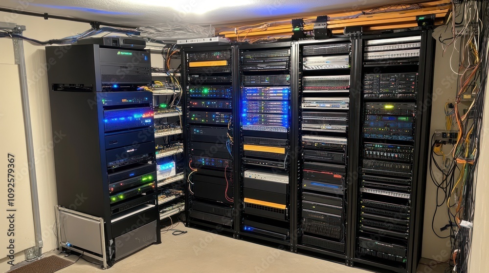 Poster extensive server rack system in a basement room