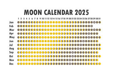 2025 Moon calendar. Astrological calendar design. planner. Place for stickers. Month cycle planner mockup. Isolated black and white background.