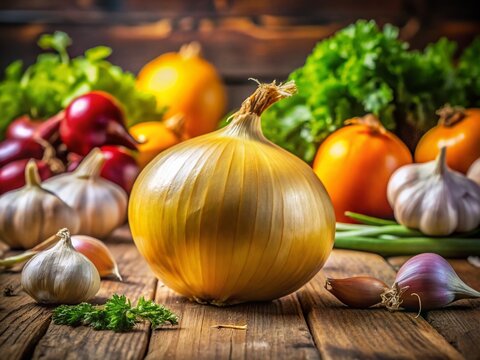 High Depth of Field Image of a Fresh Oignon Jaune with Vibrant Colors and Textures, Surrounded by Natural Ingredients on a Rustic Wooden Surface