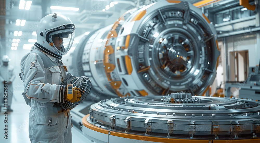 Aufkleber A factory worker, dressed in a fusion of a space suit and a factory jumpsuit with metallic accents and utility pockets, stands attentively in a futuristic space station.