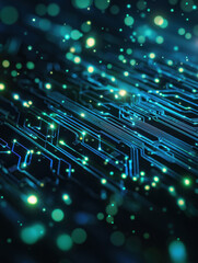 Glowing blue circuitry lines on a dark background, blending technology and modern design elements.