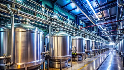 High Depth of Field Image of Stainless Steel Tanks in a Modern Chemical Industry Facility for Industrial Applications and Manufacturing Processes