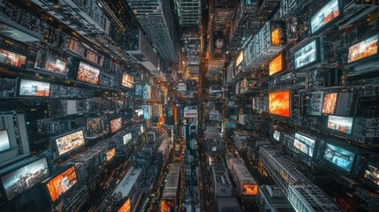 A dizzying view of a city skyline at night, with countless billboards and glowing lights.