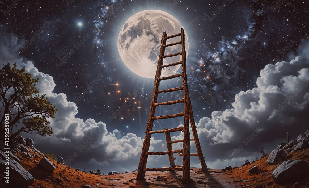 Poster ladder is on a hillside next to a large moon. the moon is surrounded by stars