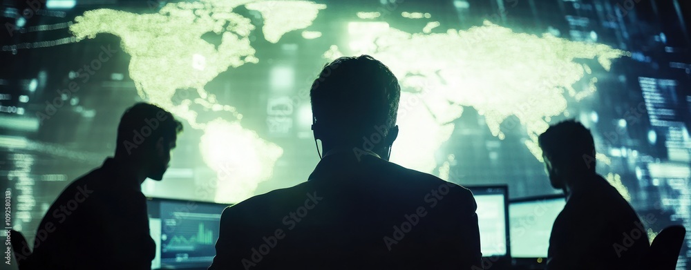 Poster A group of professionals analyzing data with a world map projection in a tech environment.