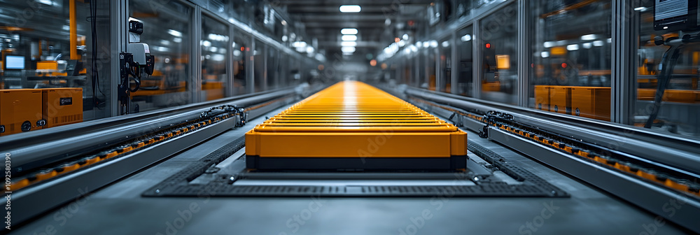 Poster Automated conveyor system in a modern warehouse facility for efficient handling,storage,and distribution of products and goods.