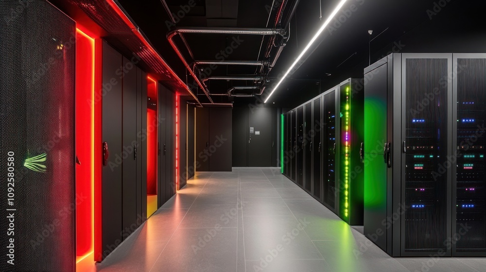 Poster modern data center server room with colorful lighting