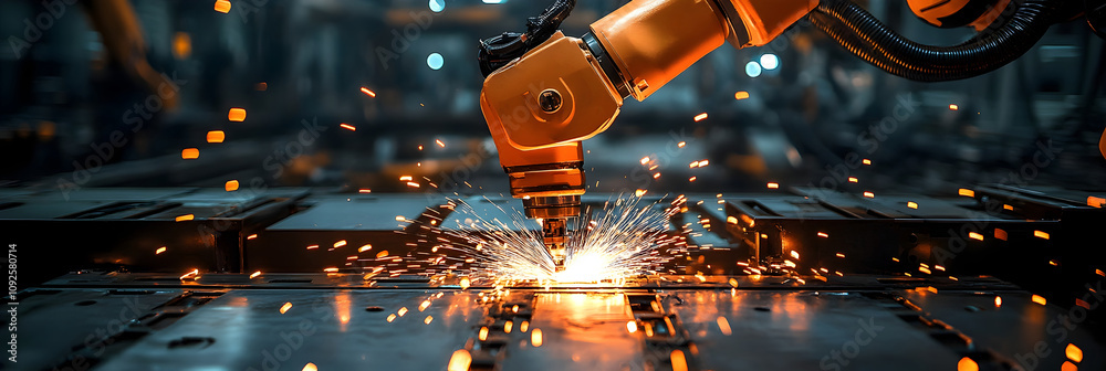 Poster automated industrial welding robot producing intense sparks and flames during a high-precision metal