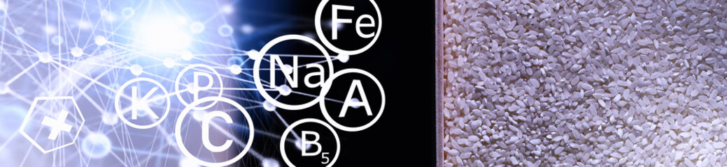 A set of grain cereals. Rice, buckwheat and millet groats in a wooden tray. A grocery set of cereals. Import of grain.