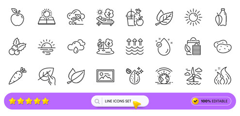 Sunrise, Mint leaves and Apple line icons for web app. Pack of Sun, Vitamin e, Sun energy pictogram icons. Lounger, Water bottle, Christmas holly signs. Evaporation, Potato, Windmill. Vector