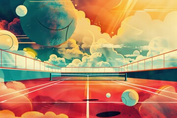 Colorful tennis court dreamscape illustration