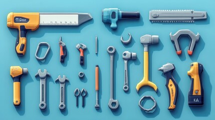 Obraz premium High-detail 3D vector cartoon icons of a set of tools: planer, saw, pliers, screwdriver, vise, drill, hammer, and adjustable wrench, bright design