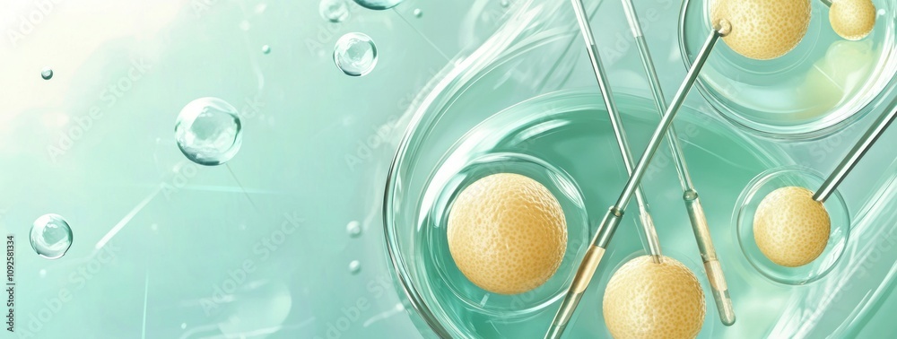 Poster abstract representation of scientific elements, featuring bubbles and spherical shapes.