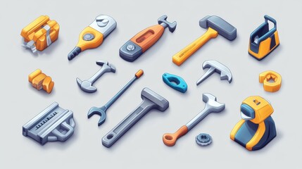 Obraz premium High-detail 3D vector cartoon icons of a set of tools: planer, saw, pliers, screwdriver, vise, drill, hammer, and adjustable wrench, bright design