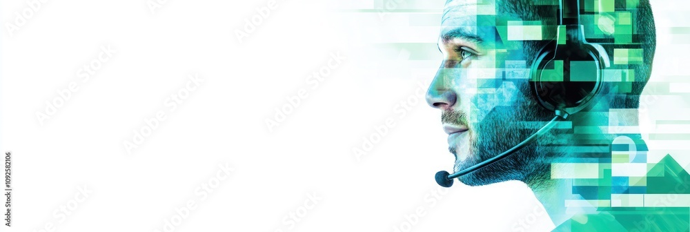 Poster a digital illustration of a man with a headset, symbolizing communication and technology.