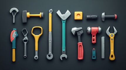 High-detail 3D vector cartoon icons of a set of tools: planer, saw, pliers, screwdriver, vise, drill, hammer, and adjustable wrench, bright design