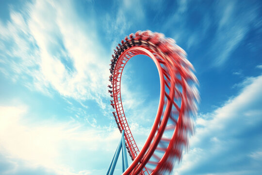 Red roller coaster cars whirl through a vibrant loop against a bright summer sky