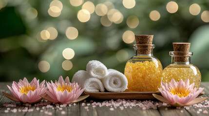 Smelling salts in a Thai-style spa with white towels and massage oil.