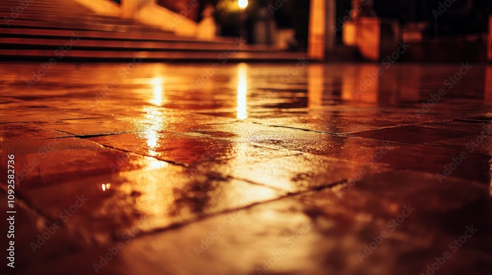 Poster A wet tiled surface reflecting light in a dimly lit environment.