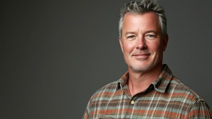 Obraz premium A smiling man in a plaid shirt poses against a neutral background.
