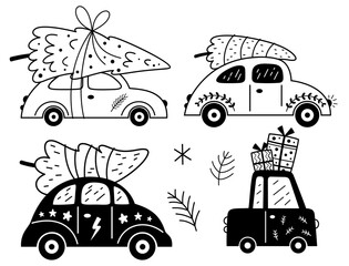 Obraz premium Black and white christmas car clipart. Retro car with christmas tree and gifts, isolated festive doodle. Holiday vector illustration. 