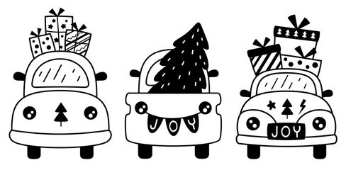 Black and white christmas car clipart. Retro car with christmas tree and gifts, isolated festive doodle. Holiday vector illustration.	