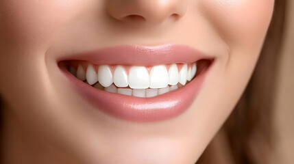 Fototapeta premium A Close-Up View of a Woman's Smile Revealing Perfectly Aligned, White Teeth with a Pink Lip, Captivating with its Brightness and Beauty