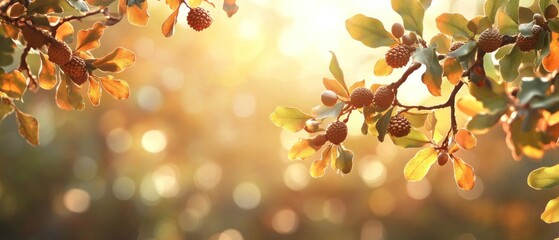 Obraz premium A sunlit scene featuring branches with leaves and berries, creating a warm, natural ambiance.