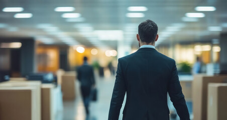 Fototapeta premium A businessman carries briefcases, traversing a modern office hallway late in the workday