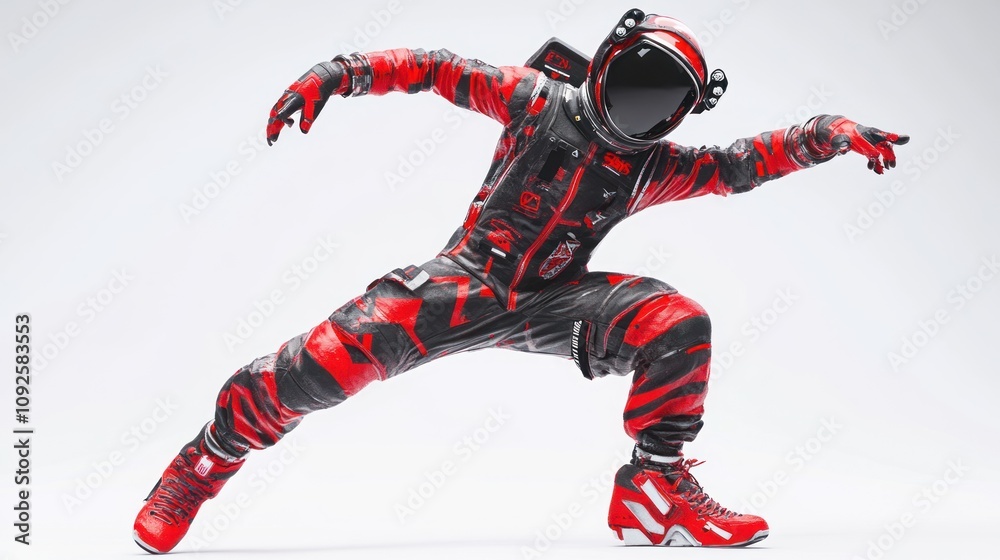 Poster a futuristic astronaut in a striking red and black suit striking a dynamic pose.