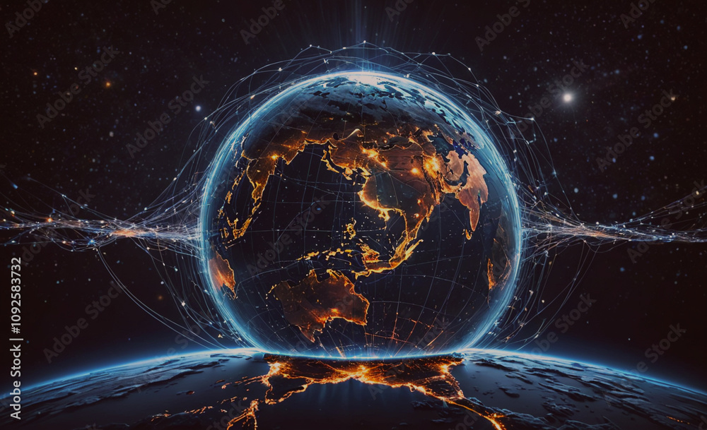 Poster planet with a black and white globe on it. the globe is surrounded by a network of lines